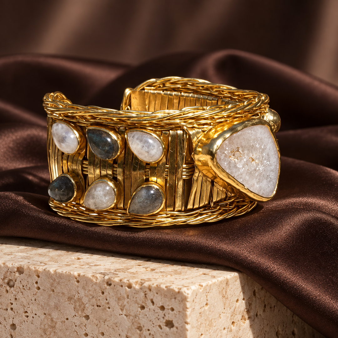 Oracle of the Sun | White Agate, Moonstone & Labradorite Cuff