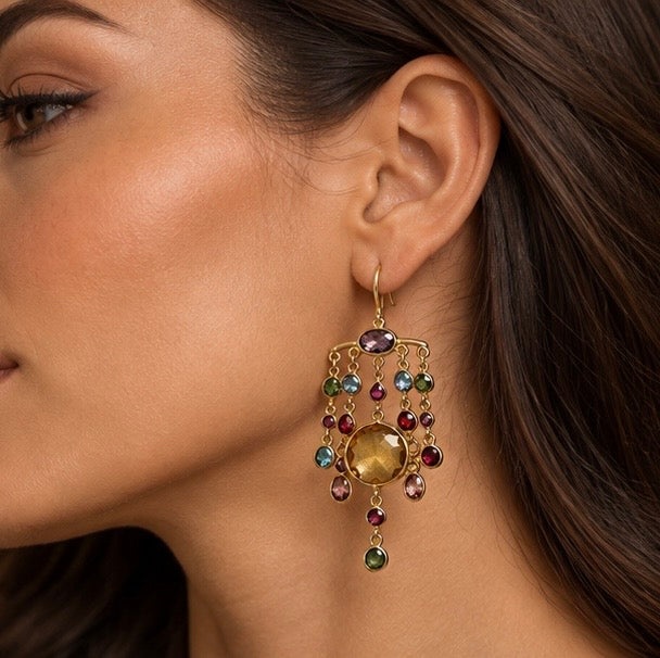 Zarif Natural Gemstone Chandelier Earrings