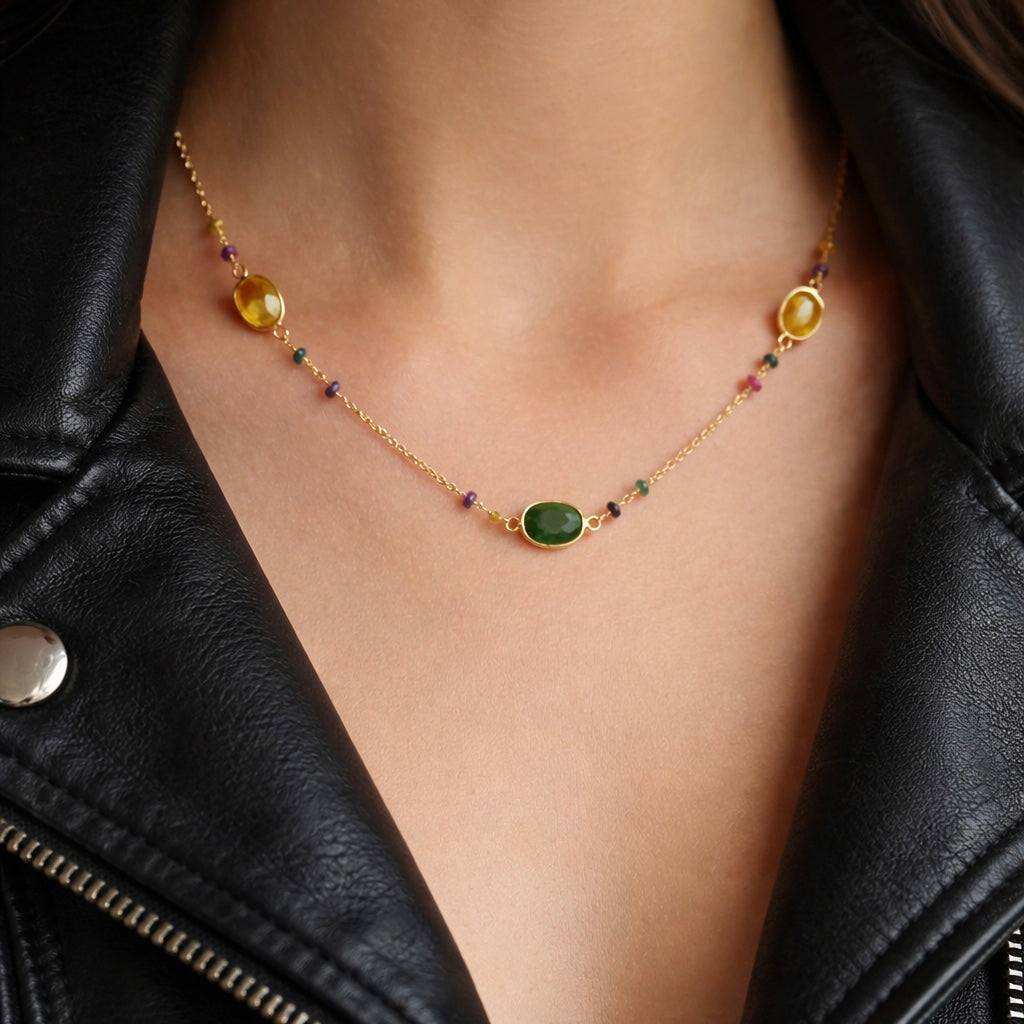 Ruby Citrine Emerald Necklace  925 Sterling Silver 18K Gold Plated