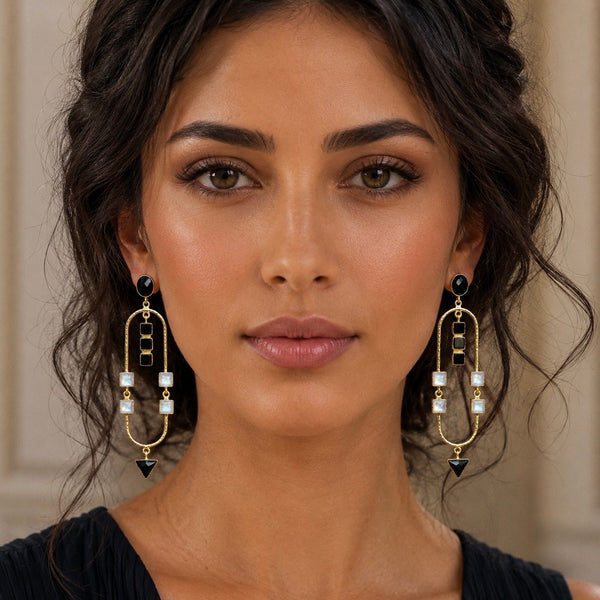 Aurelia Arch Earrings | Rainbow Moonstone & Black Obsidian | 18K Gold Plated Statement Earrings
