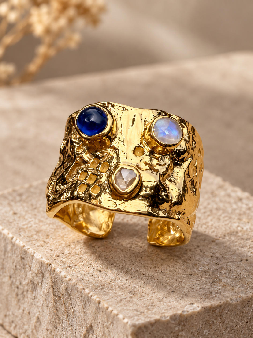 Golden Relic Kyanite, Rainbow Moonstone & Diamond Topaz Ring