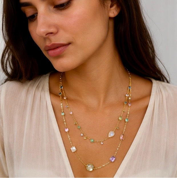Zarif Rainbow Moonstone, Tourmaline & Topaz Layered Necklace