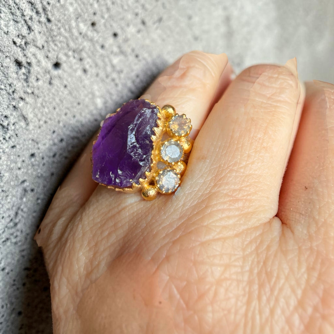 One-of-a-Kind Amethyst & Labradorite Statement Ring – Handmade 18K Gold Plated Sterling Silver