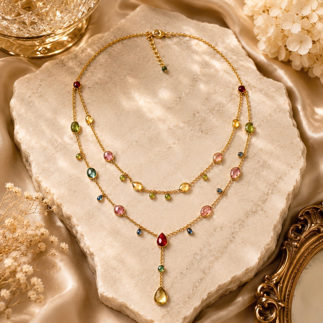 Zarif Mixed Tourmaline, Ruby, Garnet & Yellow Topaz Two-Layer Necklace