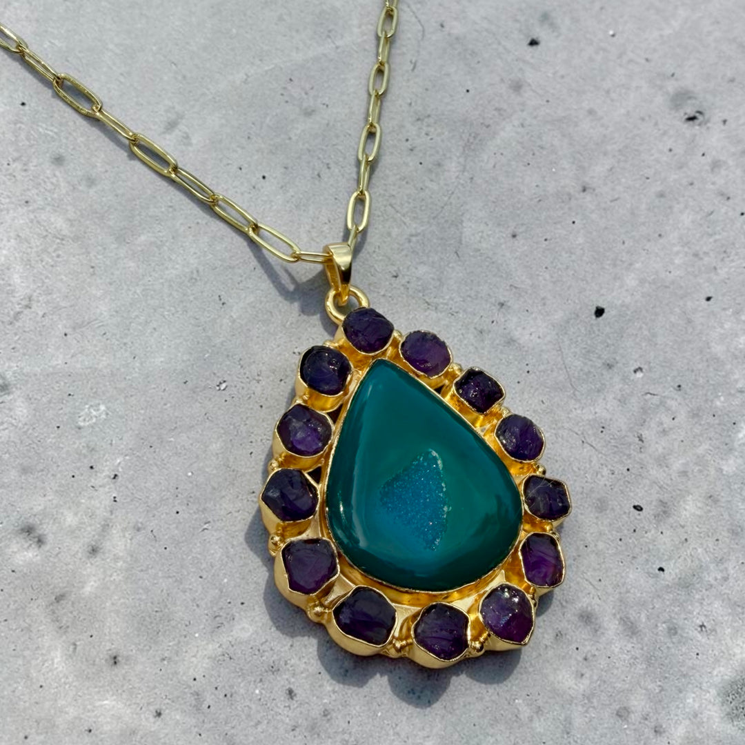 Solar Bloom Teal Agate Druzy & Amethyst Pendant Necklace