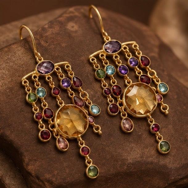 Zarif Natural Gemstone Chandelier Earrings