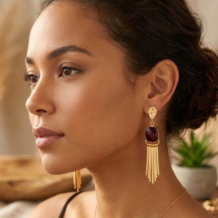 Cosmic Flame Earrings – Gold Statement with Natural Gemstones | Labradorite, Moonstone, Obsidian, Garnet