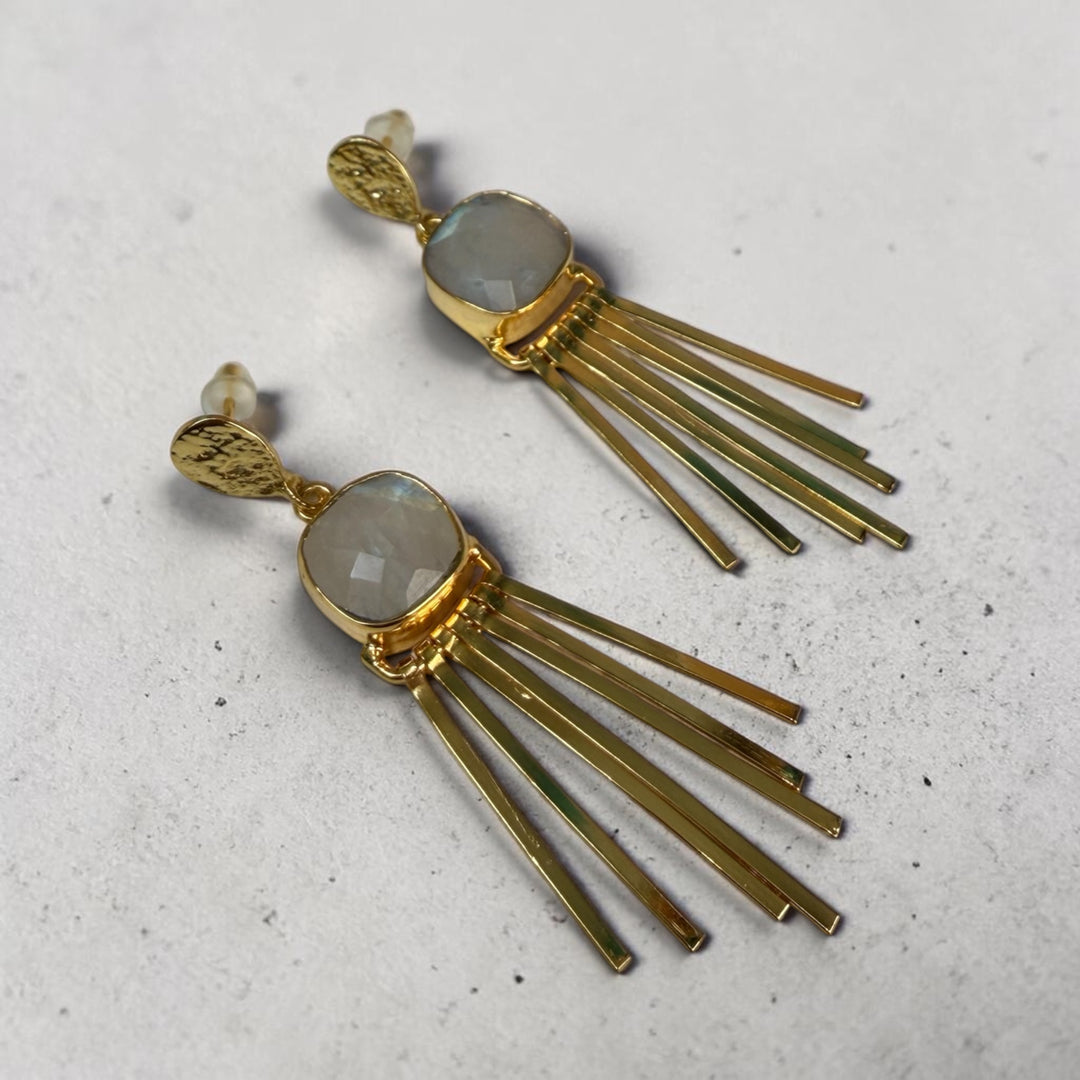 Cosmic Flame Earrings – Gold Statement with Natural Gemstones | Labradorite, Moonstone, Obsidian, Garnet