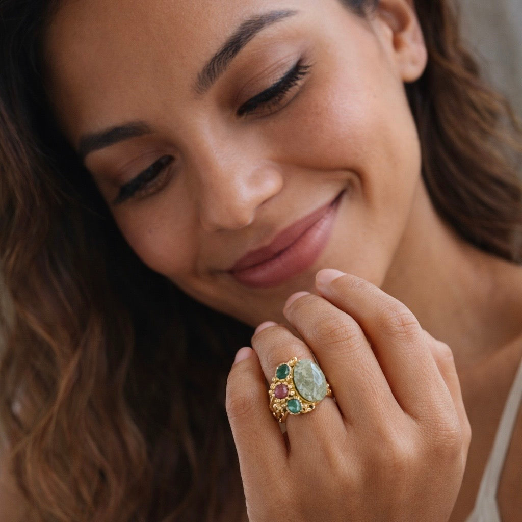 One-of-a-Kind Peridot, Emerald & Ruby Statement Ring – 18K Gold Plated Sterling Silver