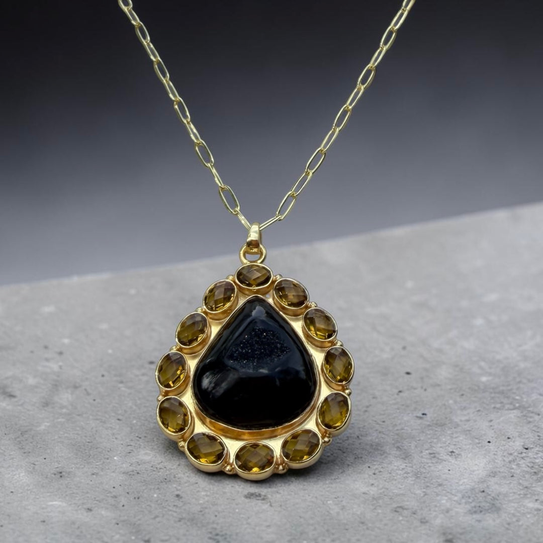 Solar Bloom Agate Druzy & Citrine Pendant