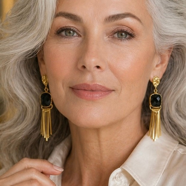 Cosmic Flame Earrings – Gold Statement with Natural Gemstones | Labradorite, Moonstone, Obsidian, Garnet