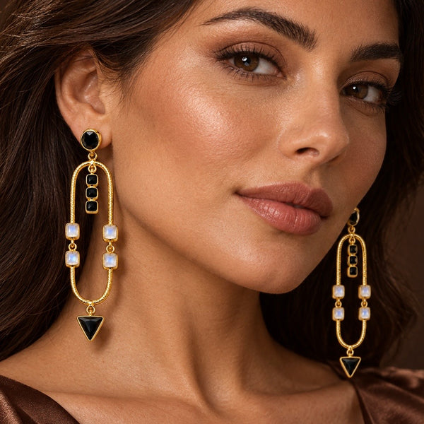 Aurelia Arch Earrings | Rainbow Moonstone & Black Obsidian | 18K Gold Plated Statement Earrings