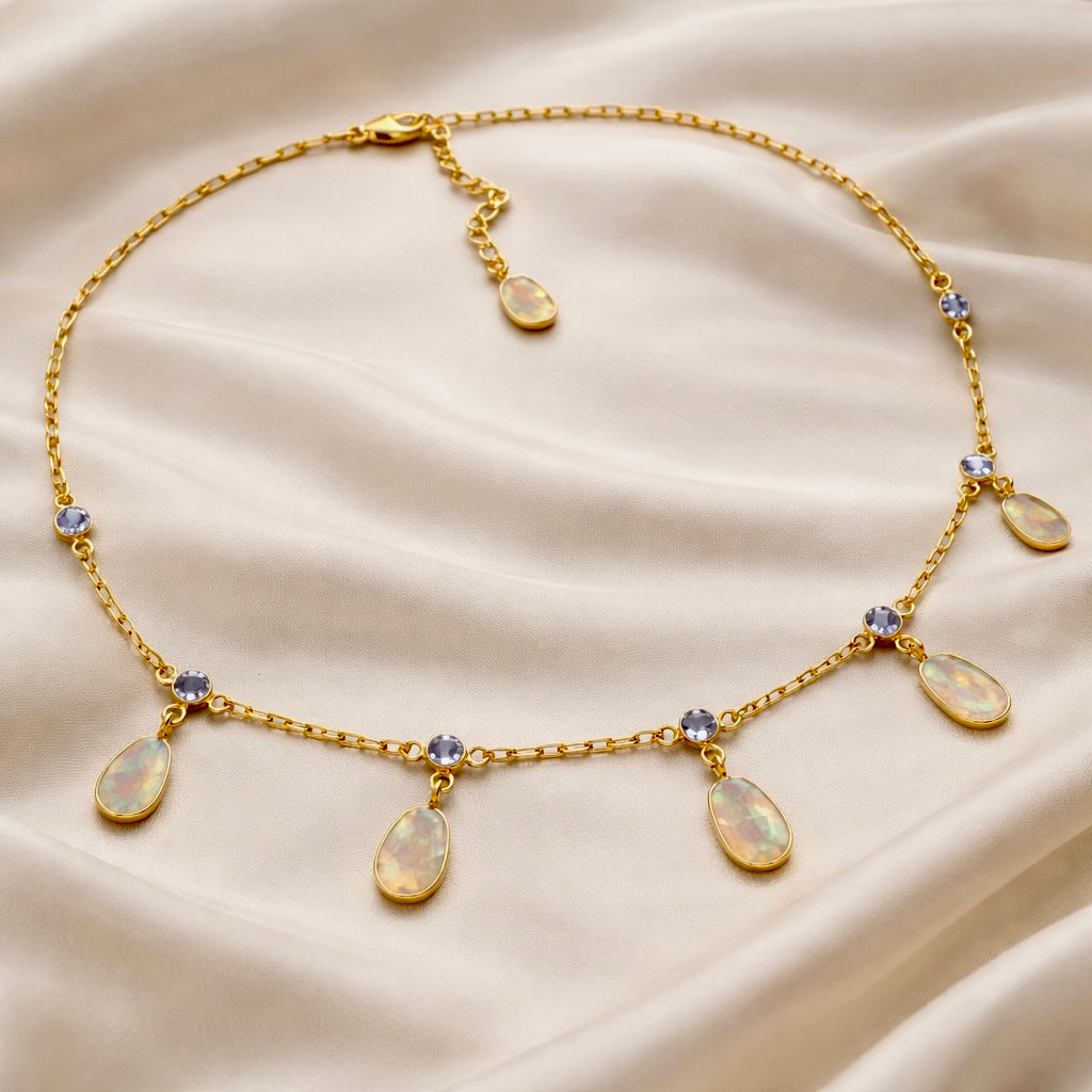 Celestial Glow Tanzanite and Fire Opal Drop Necklace in 18K Gold Plated 925 Sterling Silver