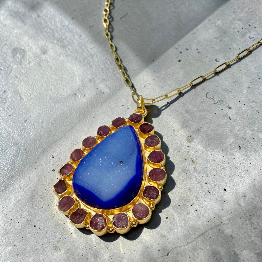 Solar Bloom Ocean Blue Agate Druzy & Amethyst Pendant Necklace
