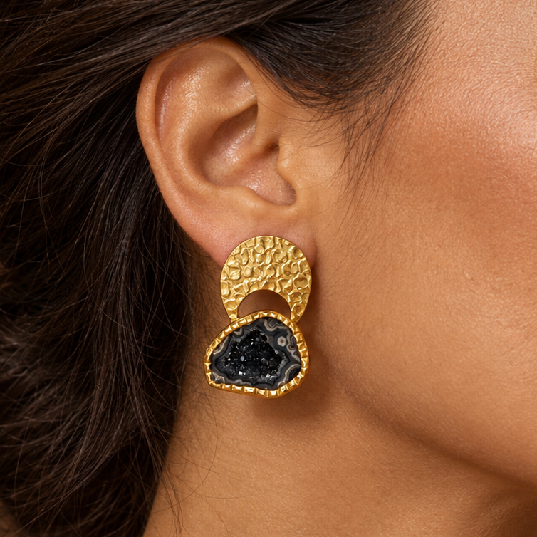 Byzantine Gold Hammered Agate Druzy Earrings