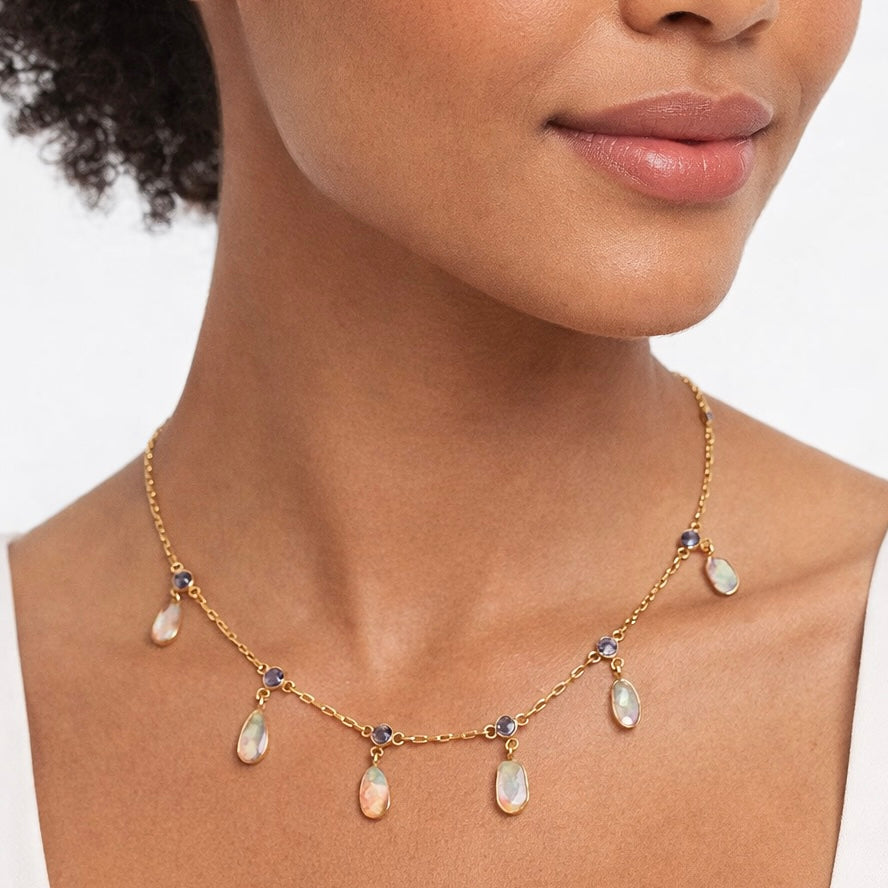 Celestial Glow Tanzanite and Fire Opal Drop Necklace in 18K Gold Plated 925 Sterling Silver
