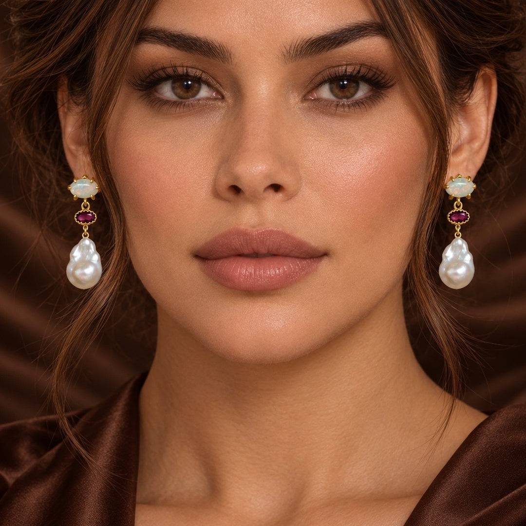 Fire Opal, Ruby & Baroque Pearl Drop Earrings – 18K Gold Plated Sterling Silver Statement Earrings