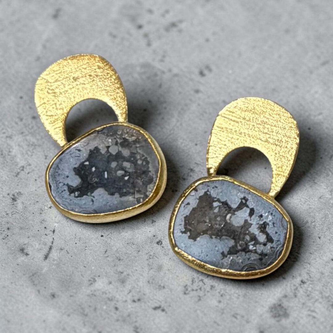 Temple Druzy Earrings in Blue, Pink, Black & White | 18k Gold Plated Statement Earrings