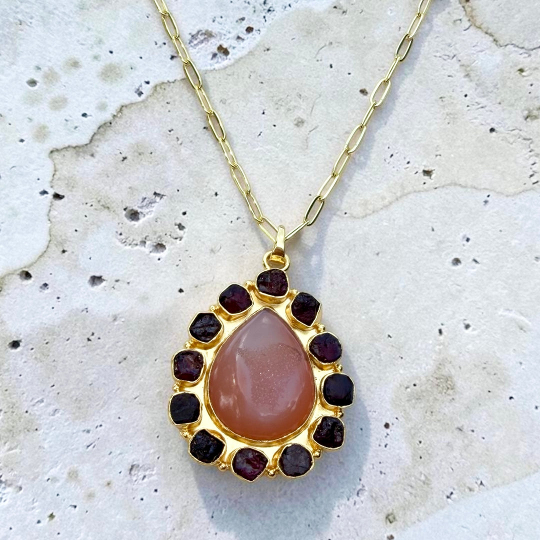 Solar Bloom | Peach Agate Druzy & Natural Garnet Statement Necklace