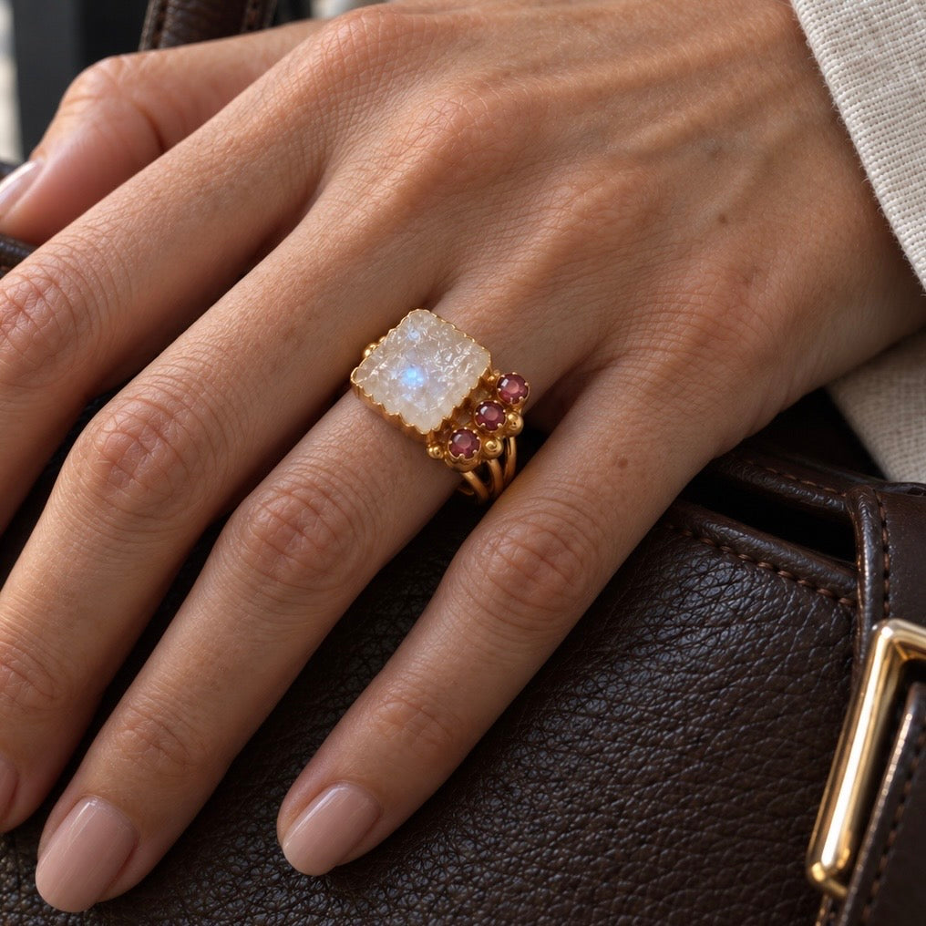Moonlight Reverie Moonstone & Ruby Ring