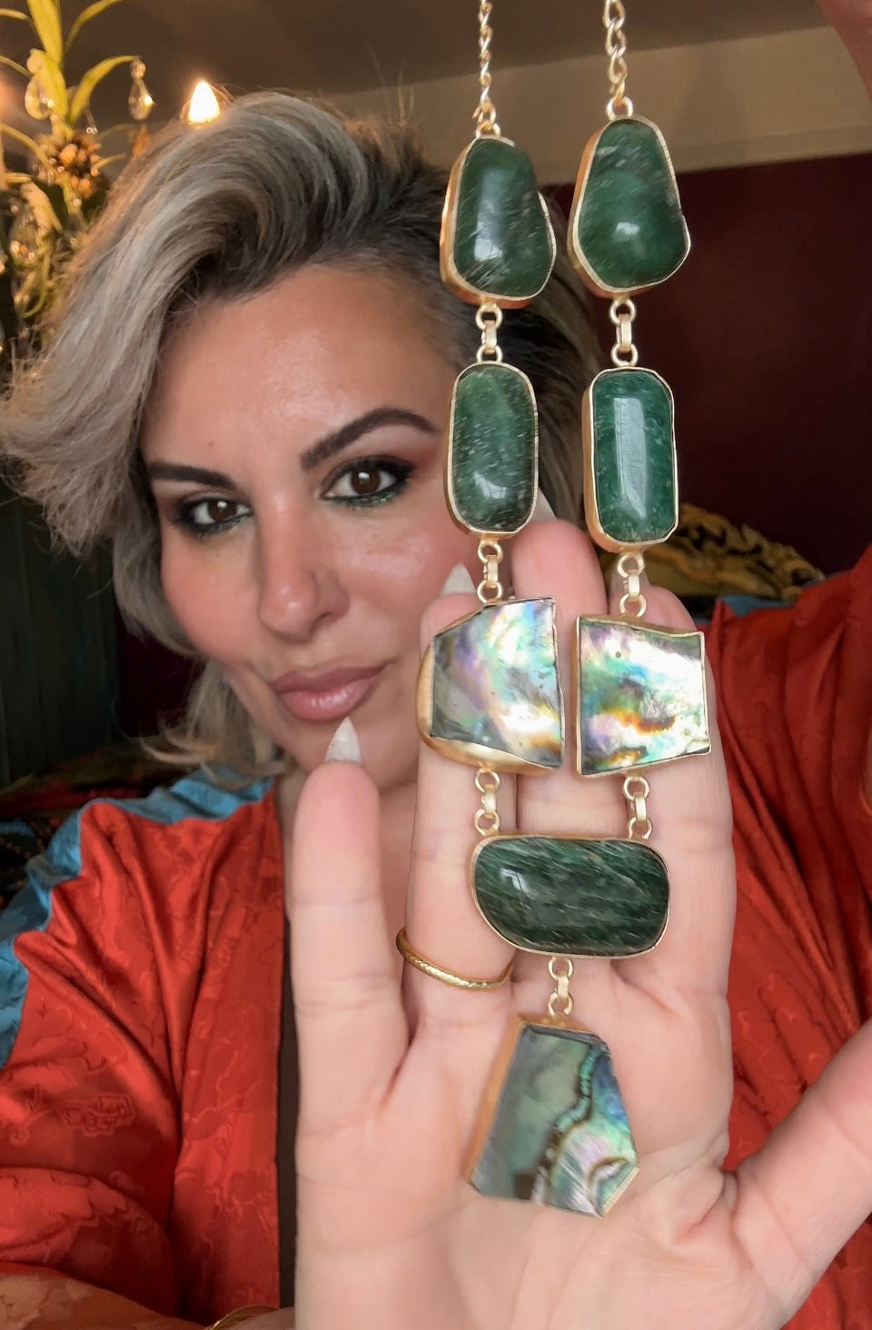 The Ethnic Allure Green Aventurine & Abalone Shell Necklace and Earring Set