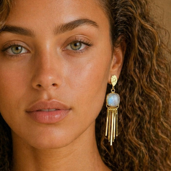 Cosmic Flame Earrings – Gold Statement with Natural Gemstones | Labradorite, Moonstone, Obsidian, Garnet