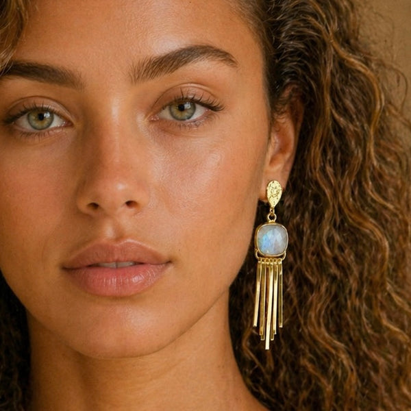 Cosmic Flame Earrings – Gold Statement with Natural Gemstones | Labradorite, Moonstone, Obsidian, Garnet