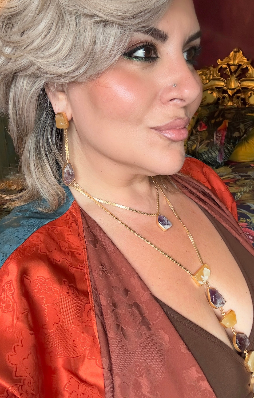 Athena's Light Orange Calcite And Amethyst Necklace And Earring Set