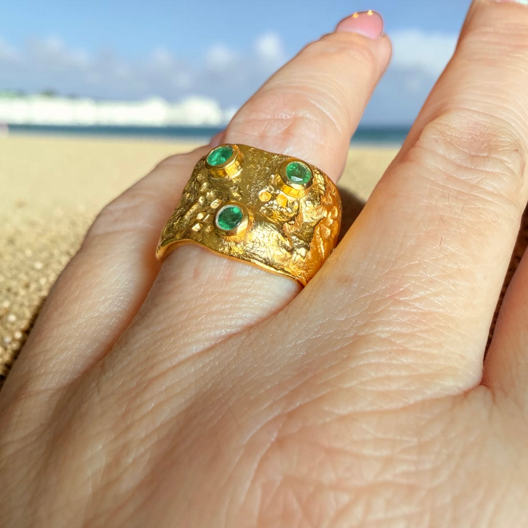 One-of-a-Kind Emerald Statement Ring Triple Gold Plated Sterling Silver Wide Band