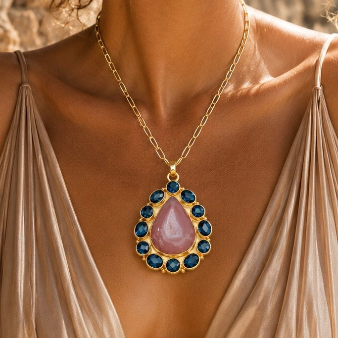 Solar Bloom / Peach Agate Druzy & Blue Topaz Pendant