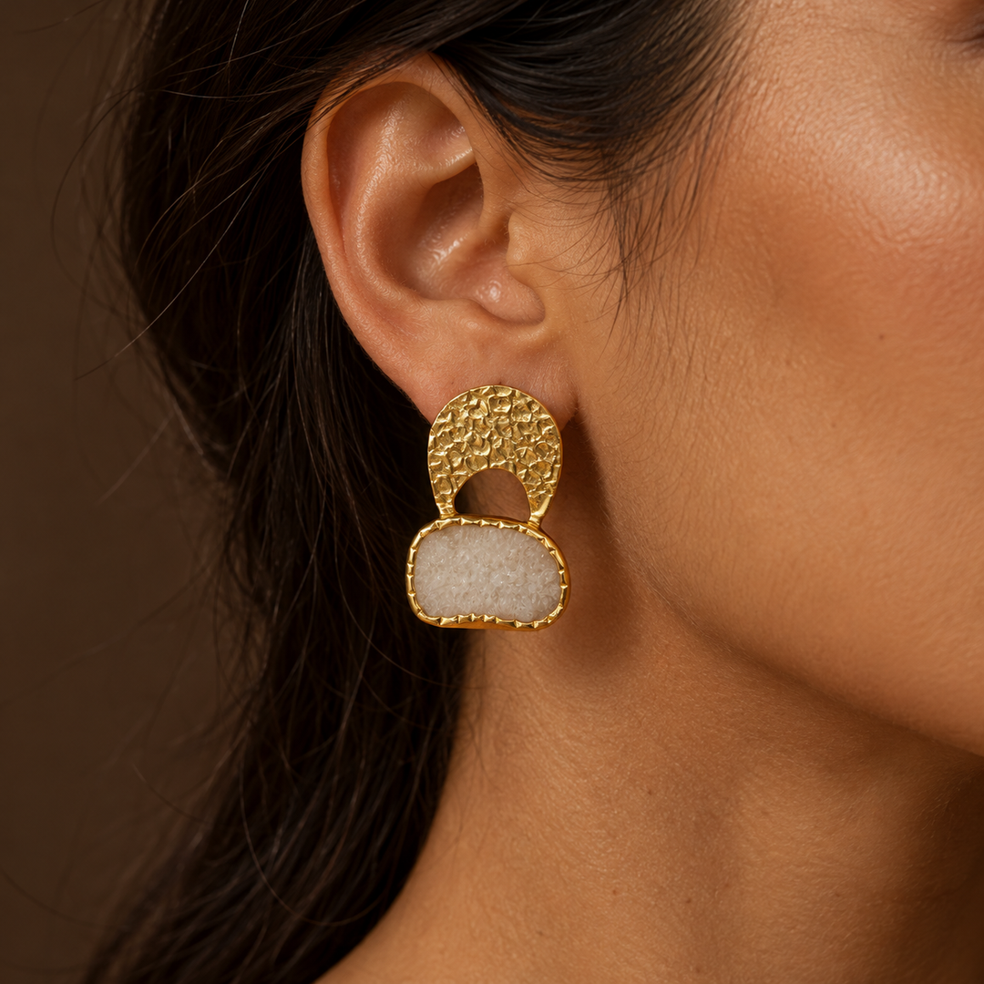 Byzantine Gold Hammered Agate Druzy Earrings | White Agate