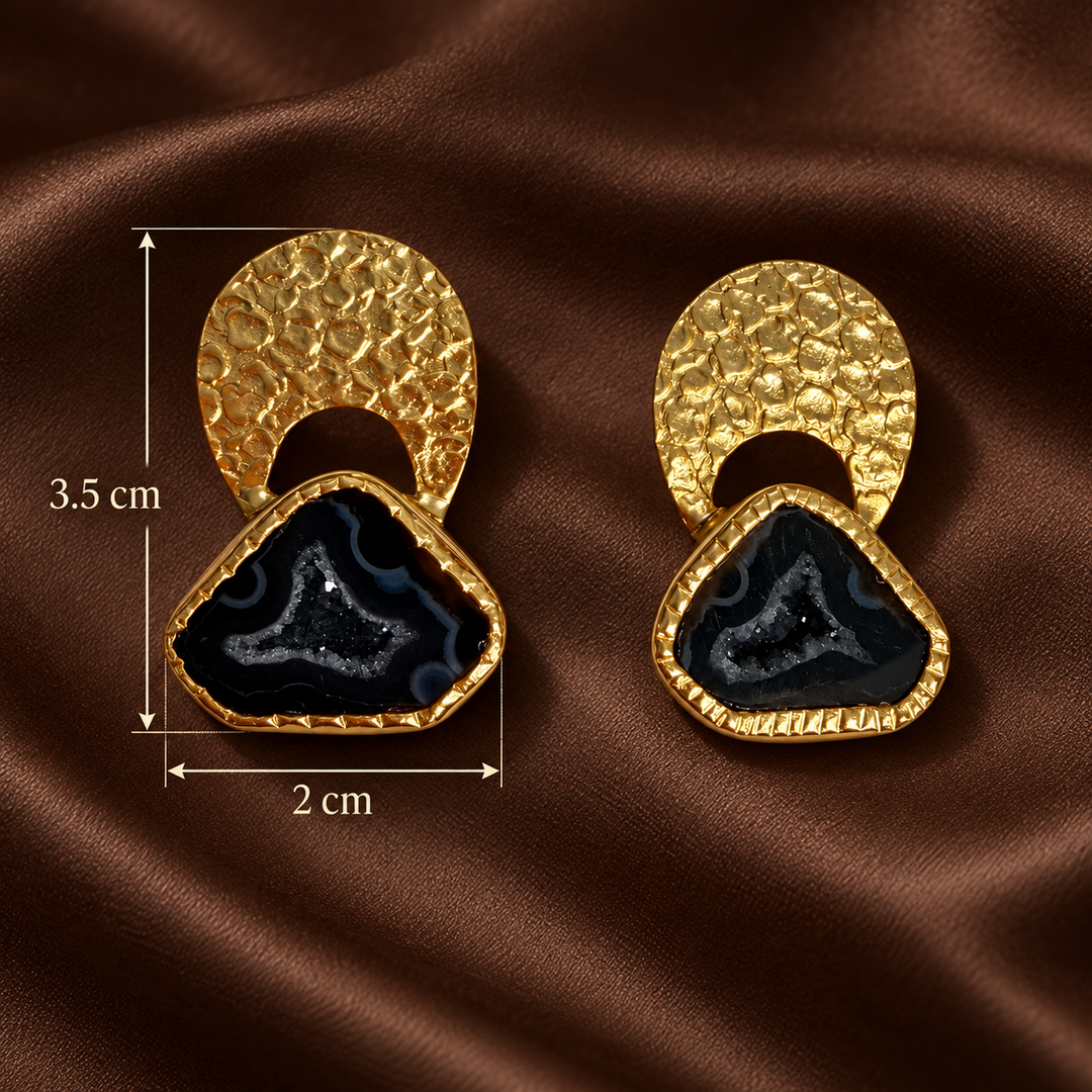 Byzantine Gold Hammered Black Agate Druzy Earrings