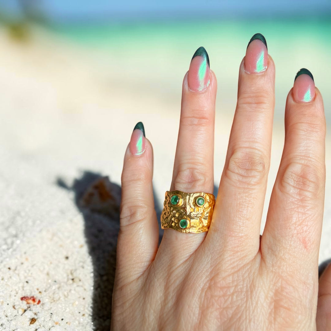 One-of-a-Kind Emerald Statement Ring Triple Gold Plated Sterling Silver Wide Band
