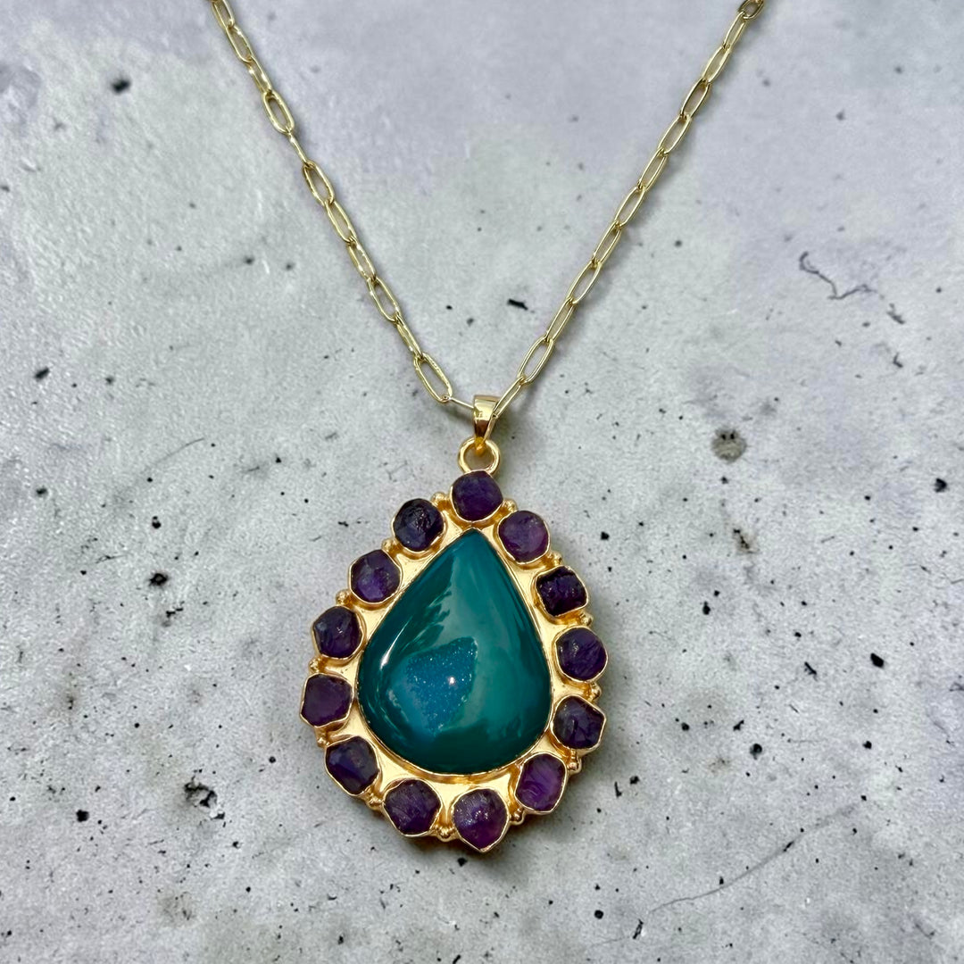 Solar Bloom Teal Agate Druzy & Amethyst Pendant Necklace