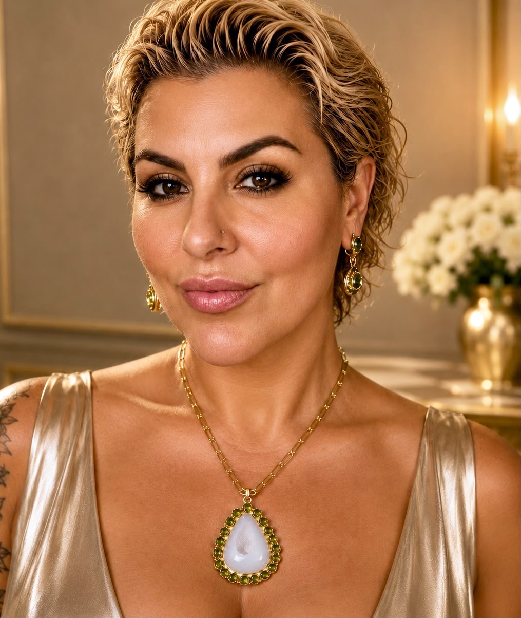 Large teardrop white agate druzy and peridot gold statement necklace by DanAmara