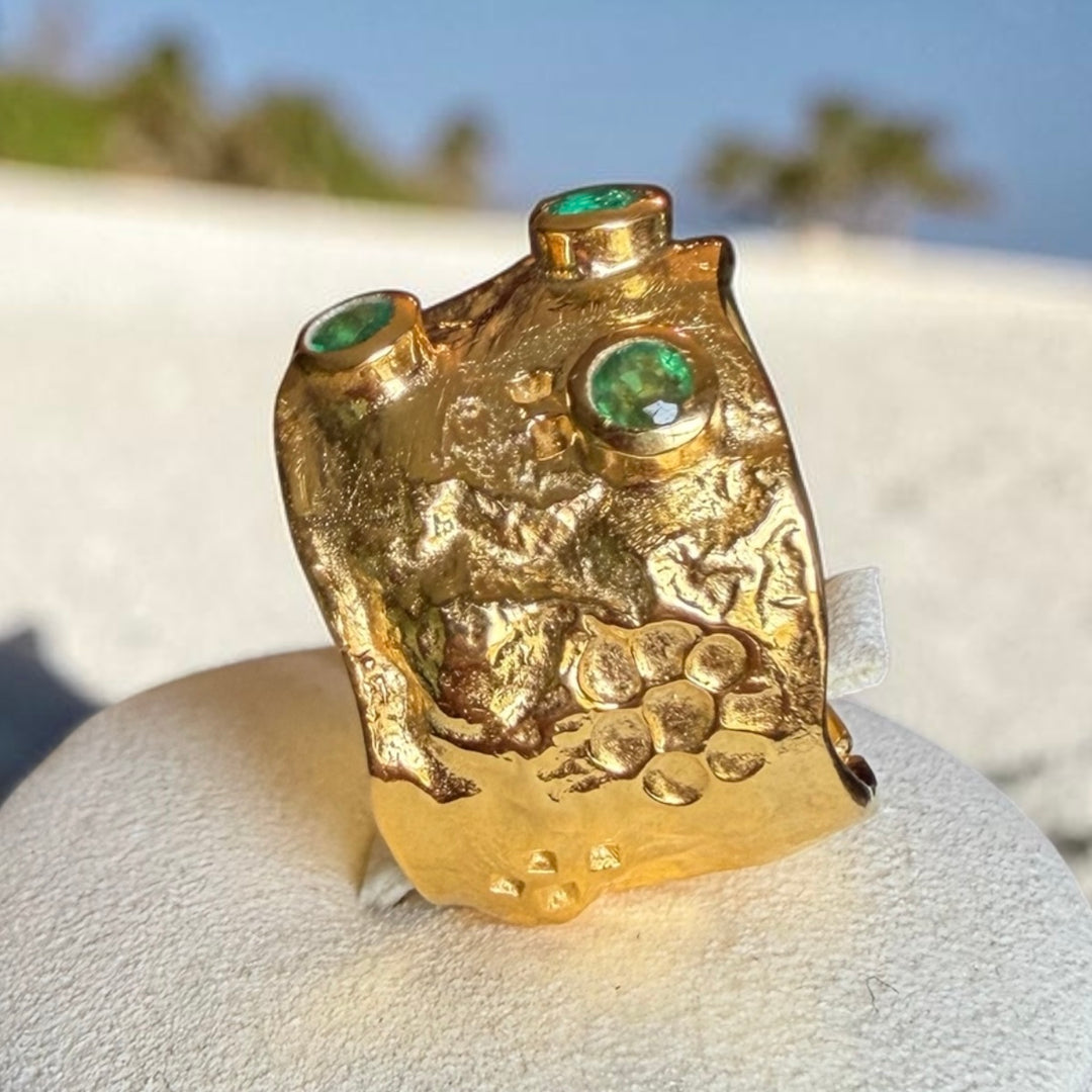 One-of-a-Kind Emerald Statement Ring Triple Gold Plated Sterling Silver Wide Band