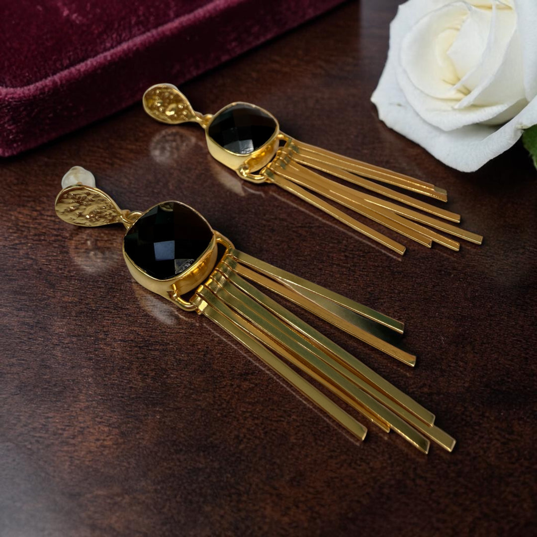 Cosmic Flame Earrings – Gold Statement with Natural Gemstones | Labradorite, Moonstone, Obsidian, Garnet