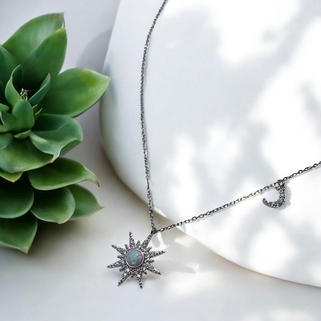 When The Sun Meets The Moon Opal Silver Pendant Necklace