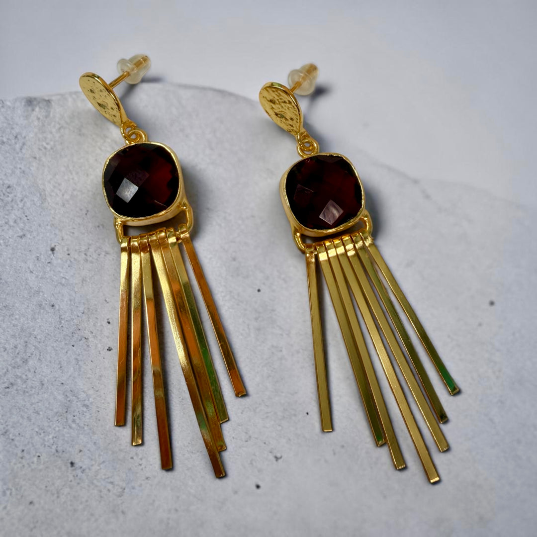 Cosmic Flame Earrings – Gold Statement with Natural Gemstones | Labradorite, Moonstone, Obsidian, Garnet