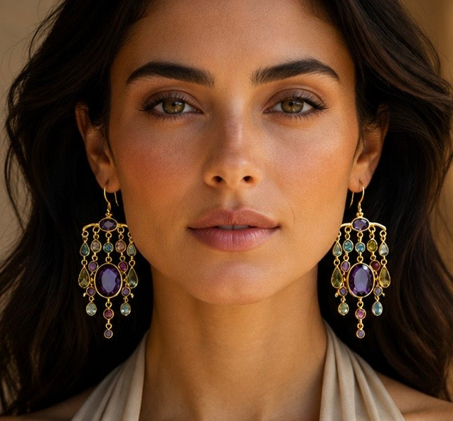 Zarif Amethyst & Mixed Gemstone Chandelier Earrings