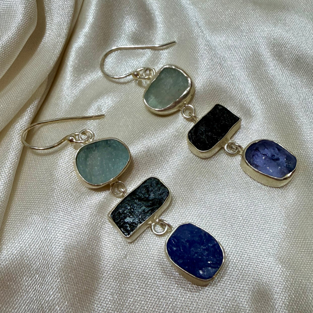 Three-Tier Crystal Earrings | Aquamarine, Tourmaline & Amethyst | Sterling Silver