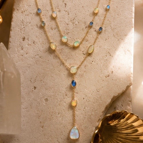 Zarif Fire Opal, Moonstone & Tanzanite Two-Layer Necklace