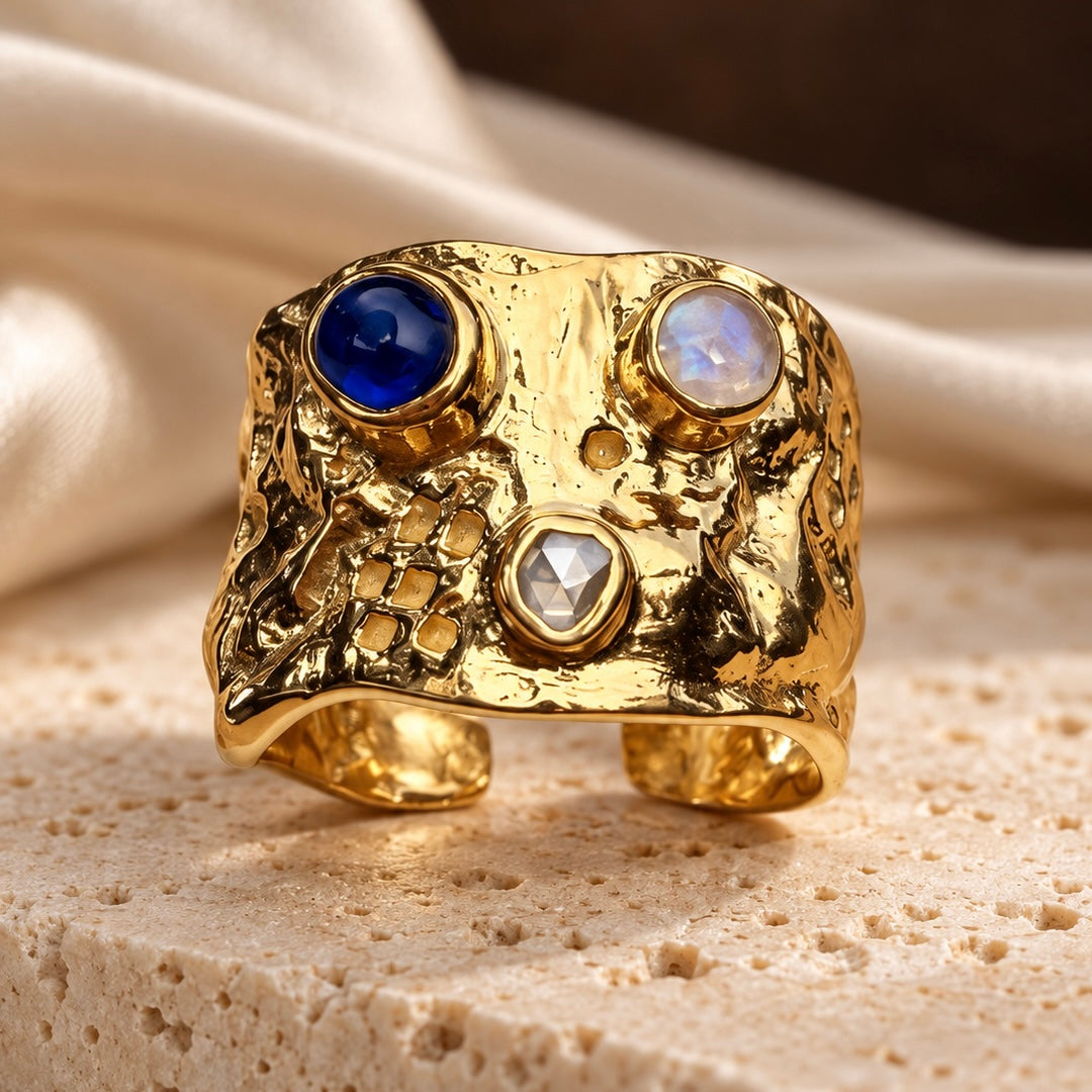 Golden Relic Kyanite, Rainbow Moonstone & Diamond Topaz Ring