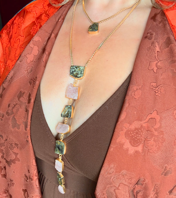 Athena’s Light Rose Quartz And Emerald Necklace