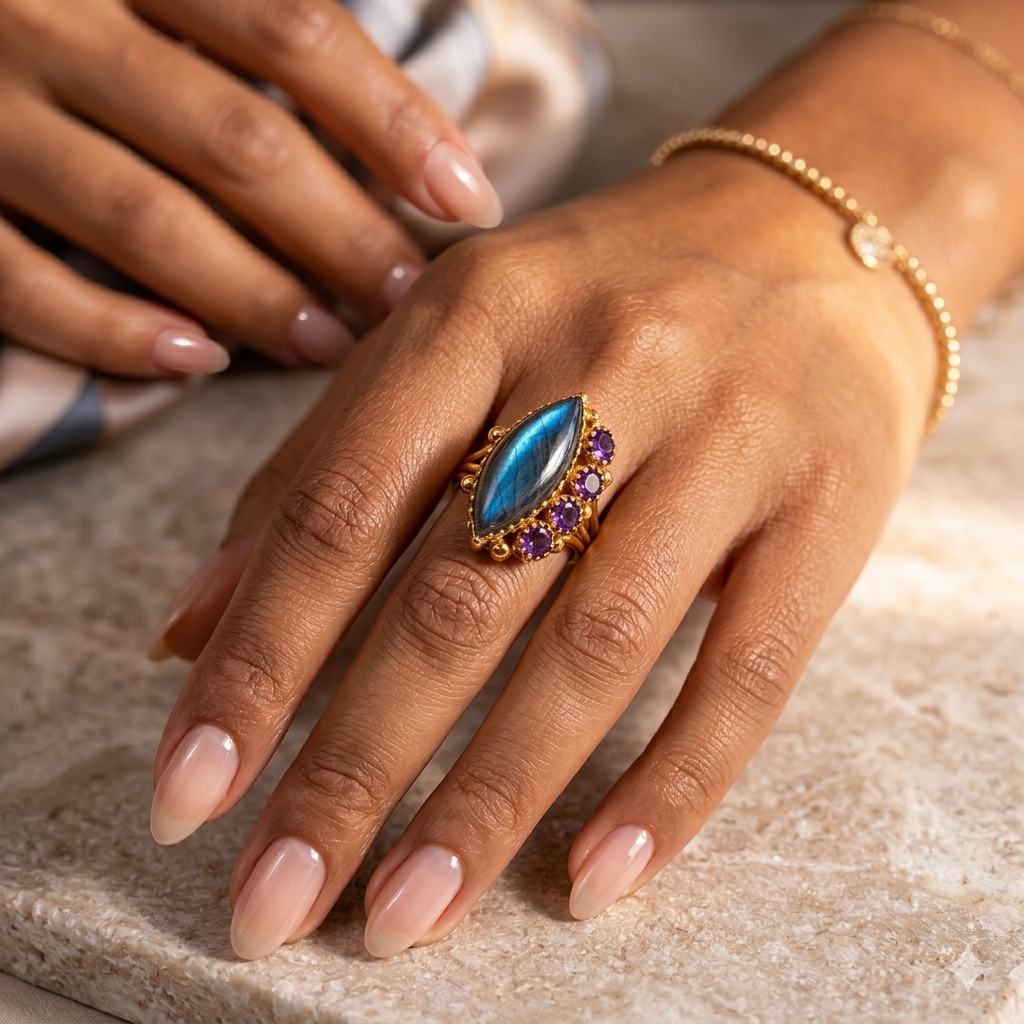 Exquisite Labradorite & Amethyst Ring  18k Gold Plated 925 Sterling Silver  Premium Gemstone Jewellry
