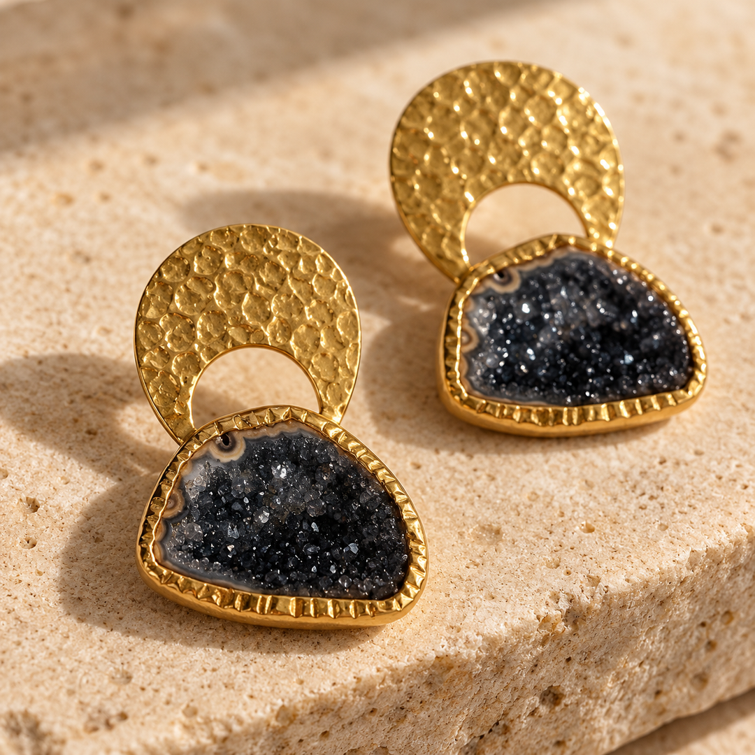 Byzantine Gold Hammered Agate Druzy Earrings | Black Agate