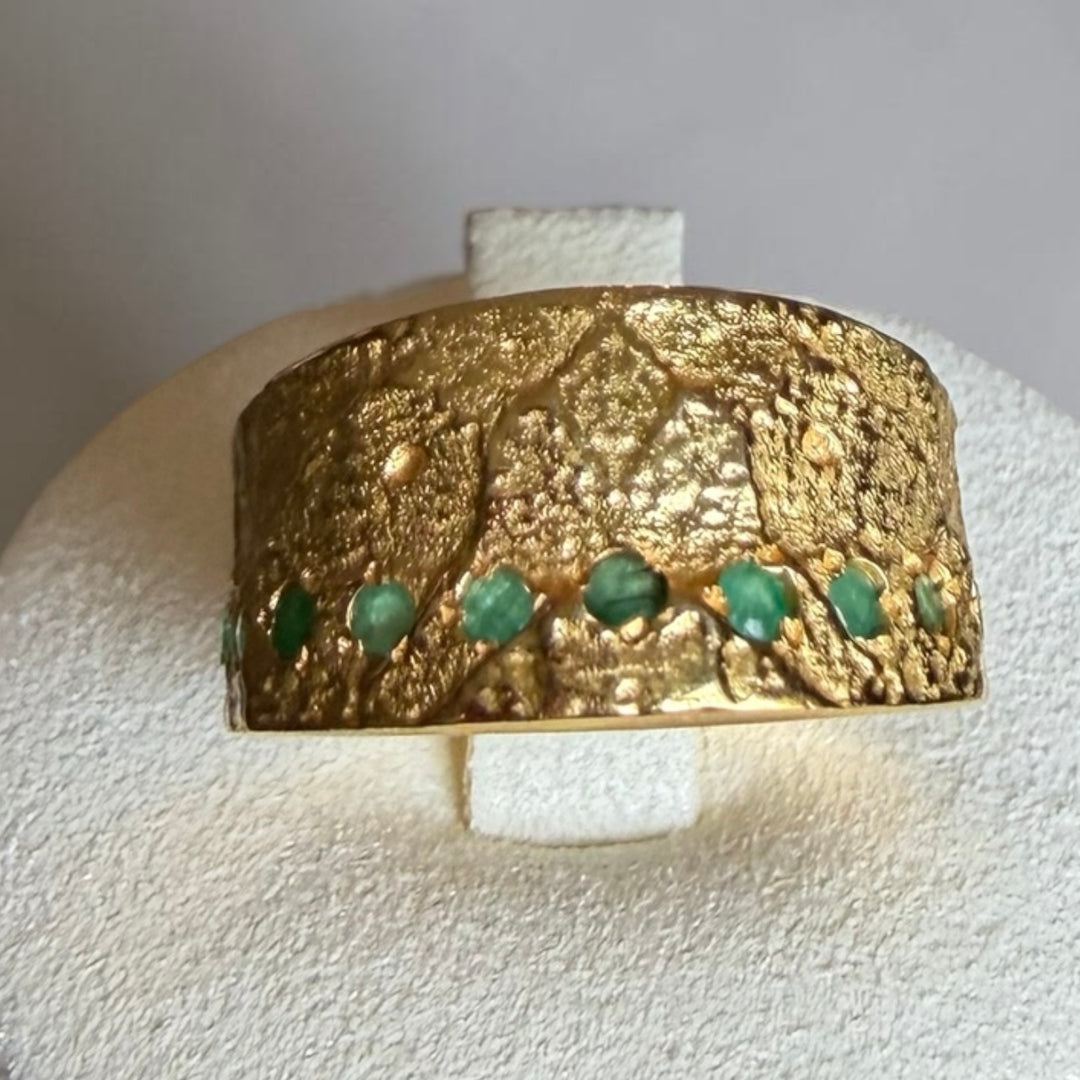 One of a Kind Emerald Gold Ring – Handmade Textured 18k Gold Plated Sterling Silver Statement Ring