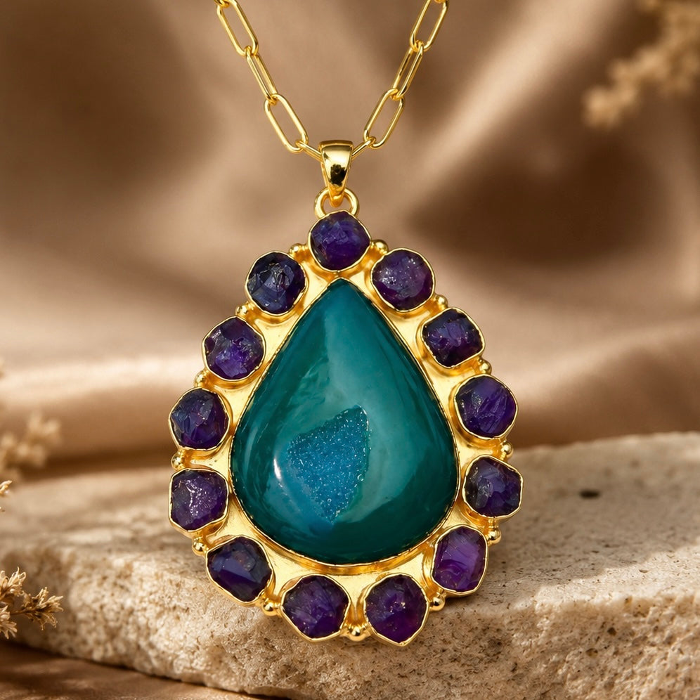 Solar Bloom Teal Agate Druzy & Amethyst Pendant Necklace