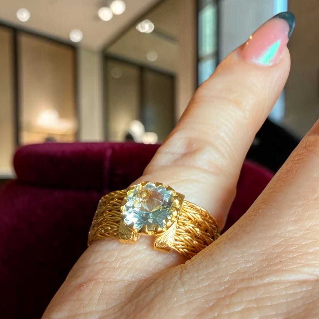 Aquamarine Statement Ring – Handmade Woven Chain 18K Gold Plated Sterling Silver