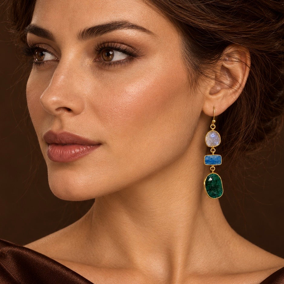 **Ethnic Allure Gold & Silver Earrings with Emerald, Kyanite & Rainbow Moonstone*